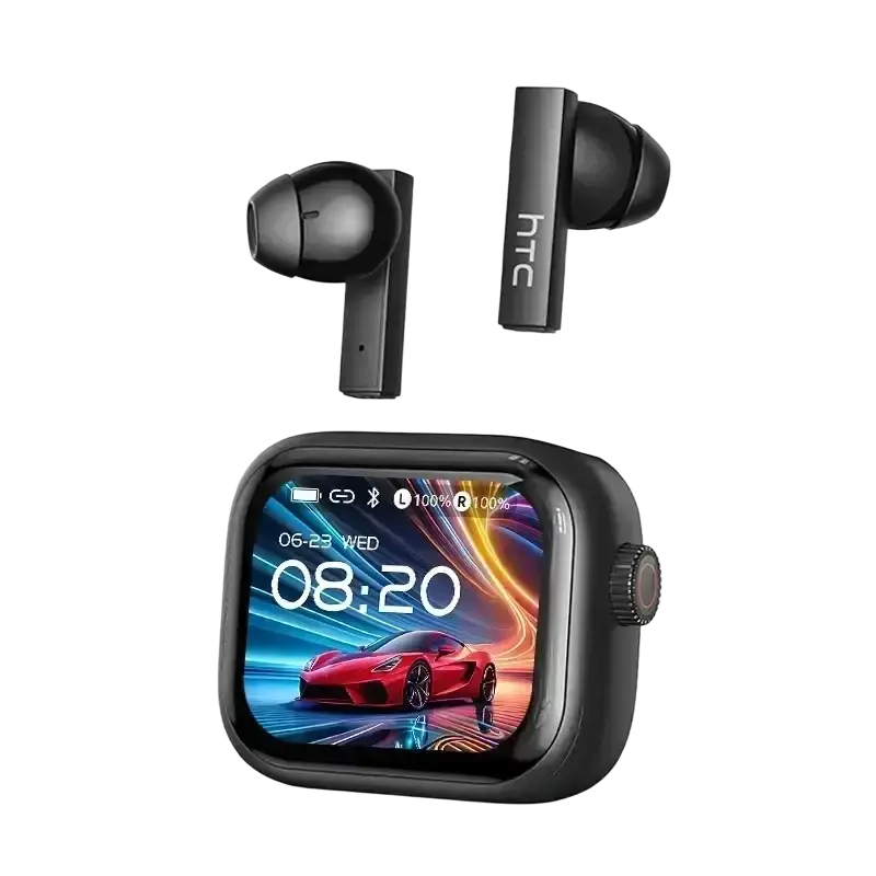 Black htc ne40 wireless earphones with smart charging case and smartwatch displaying red sports car interface