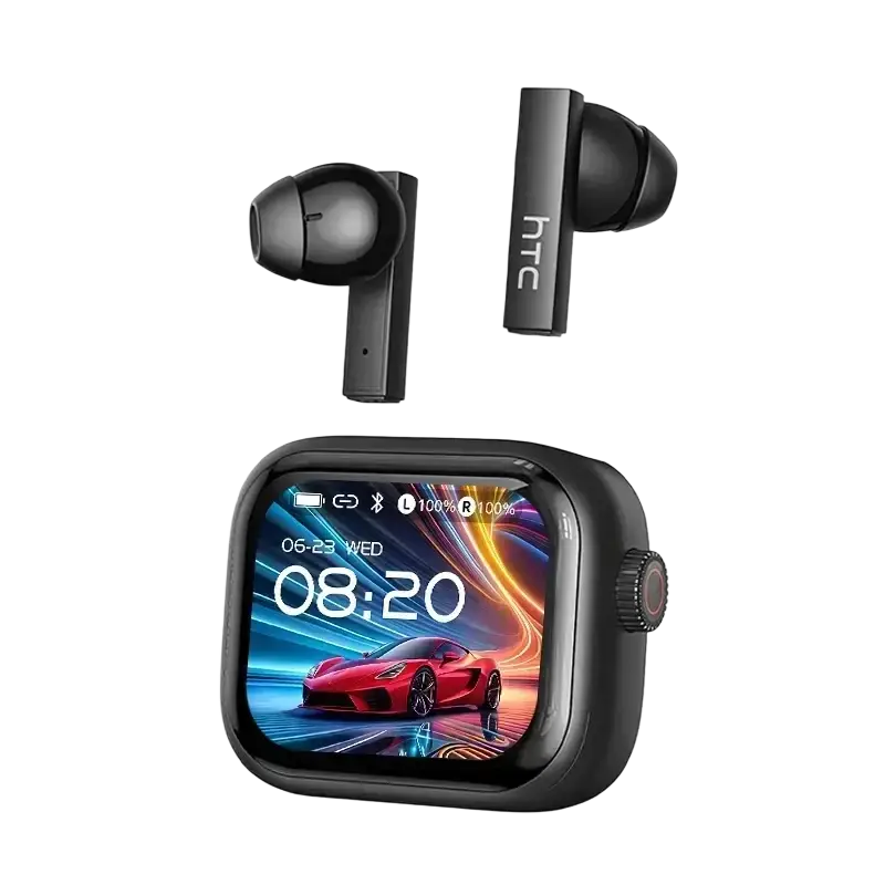 Black htc ne40 wireless earbuds with smart charging case and smartwatch displaying vibrant red sports car interface