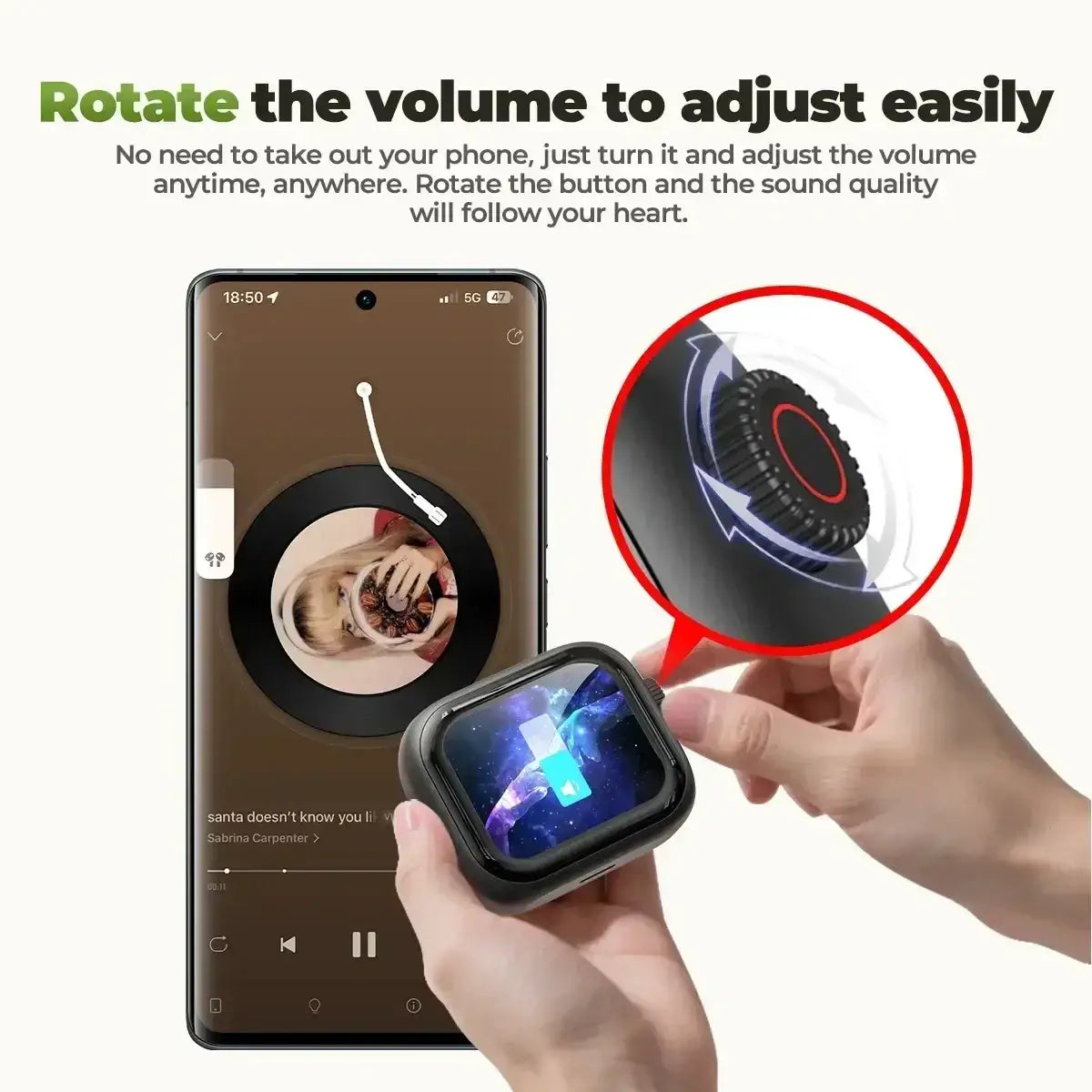 Black htc ne40 wireless earbud with circular volume button and sleek design with smart charging case