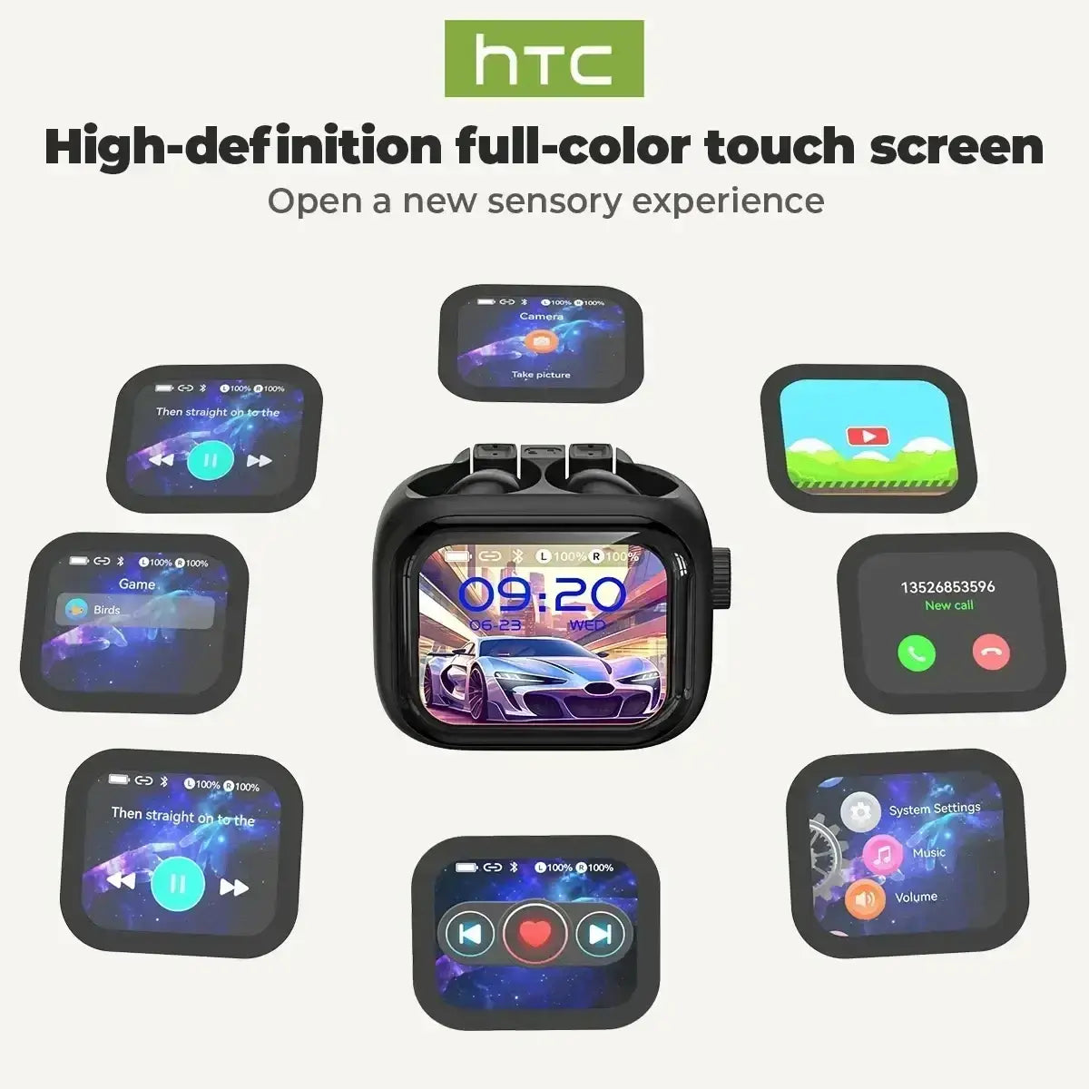 Black htc ne40 smartwatch with full-color touchscreen displaying time and date alongside htc ne40 wireless app previews