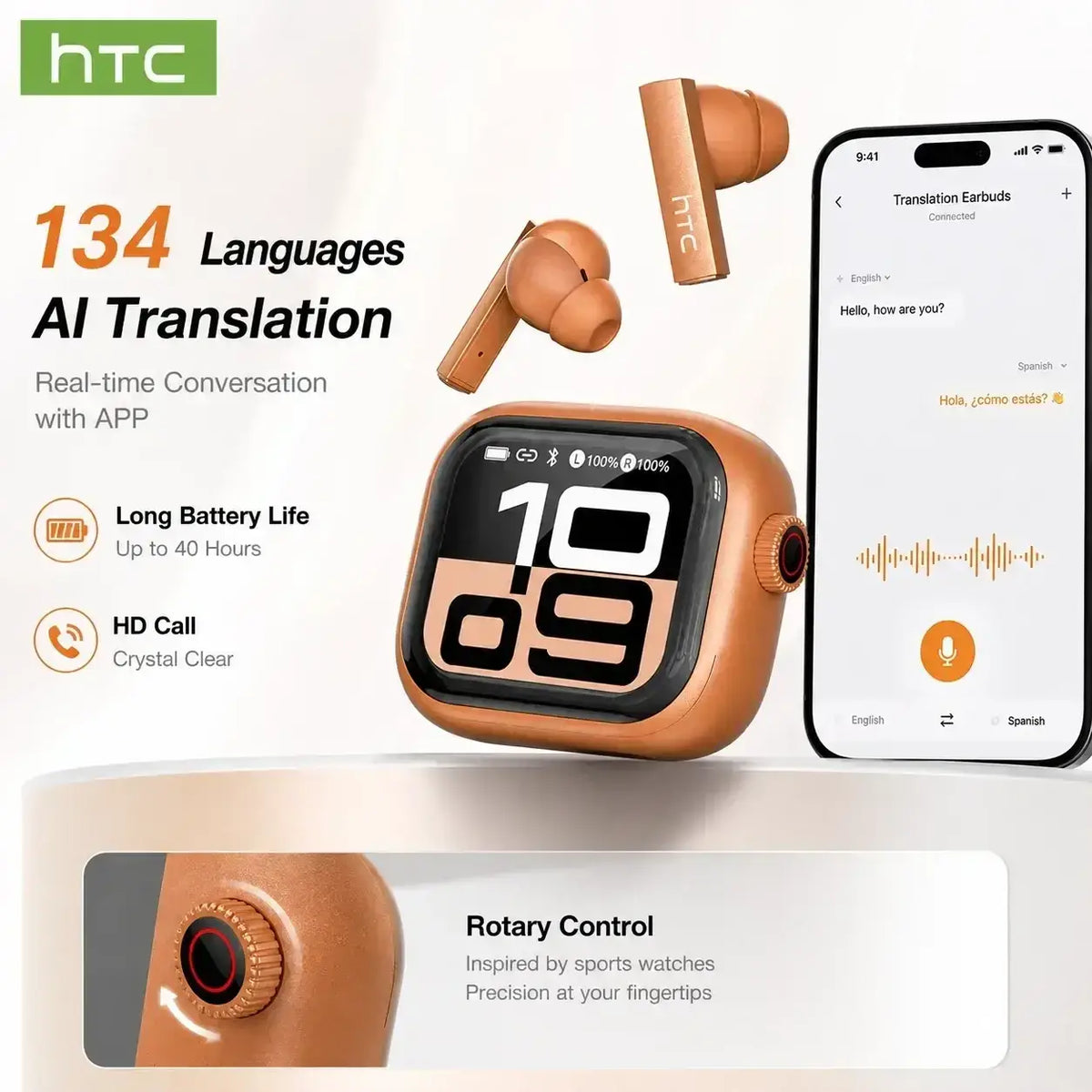 Bronze-colored htc smartwatch with square face and rotary control featured alongside htc ne40 wireless earphones charging case