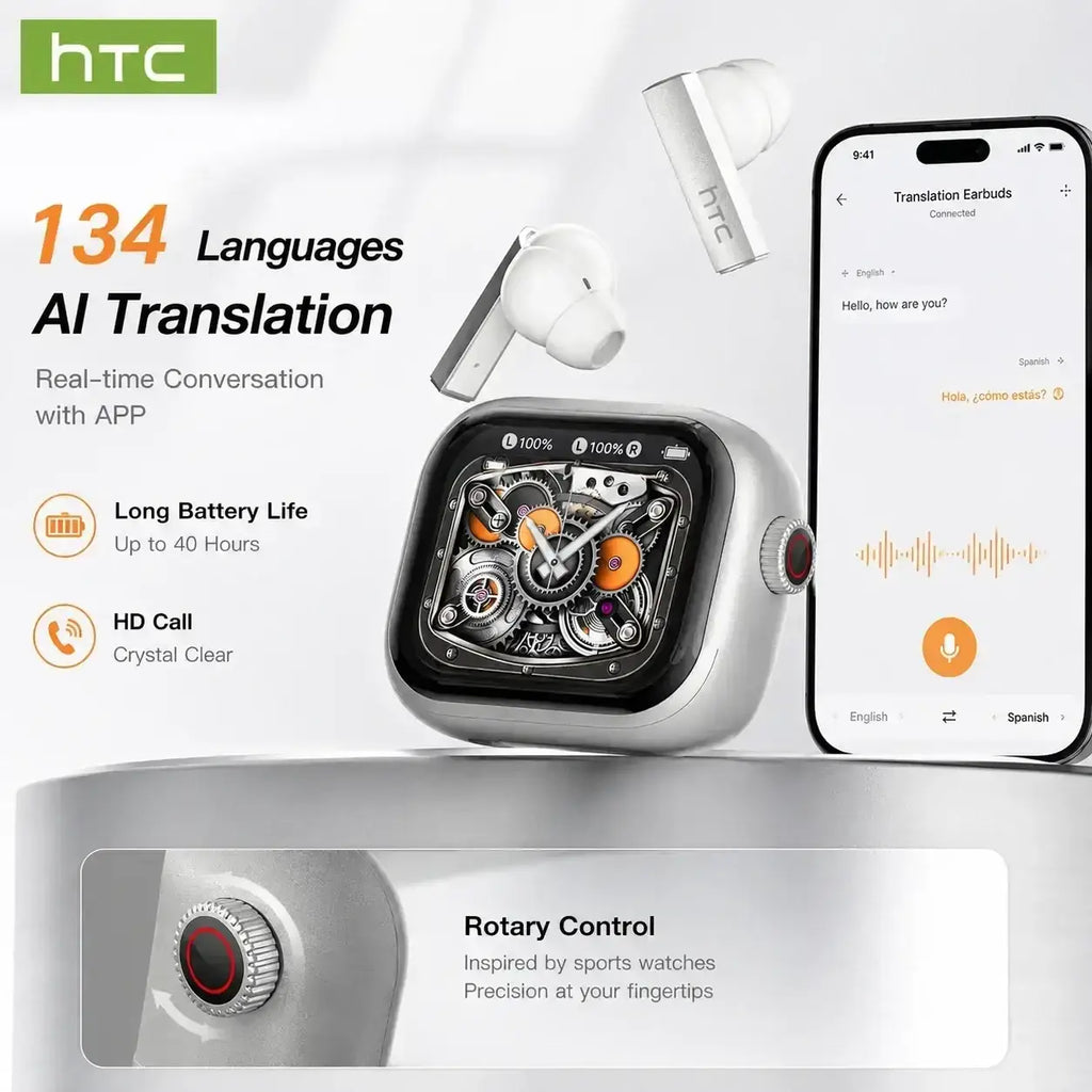 Silver htc ne40 smartwatch with mechanical gear design and orange accents beside wireless earphones with charging case