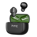 Black htc ne51 bluetooth earbuds with glossy finish in matching black charging case featuring green interior linings and white branding