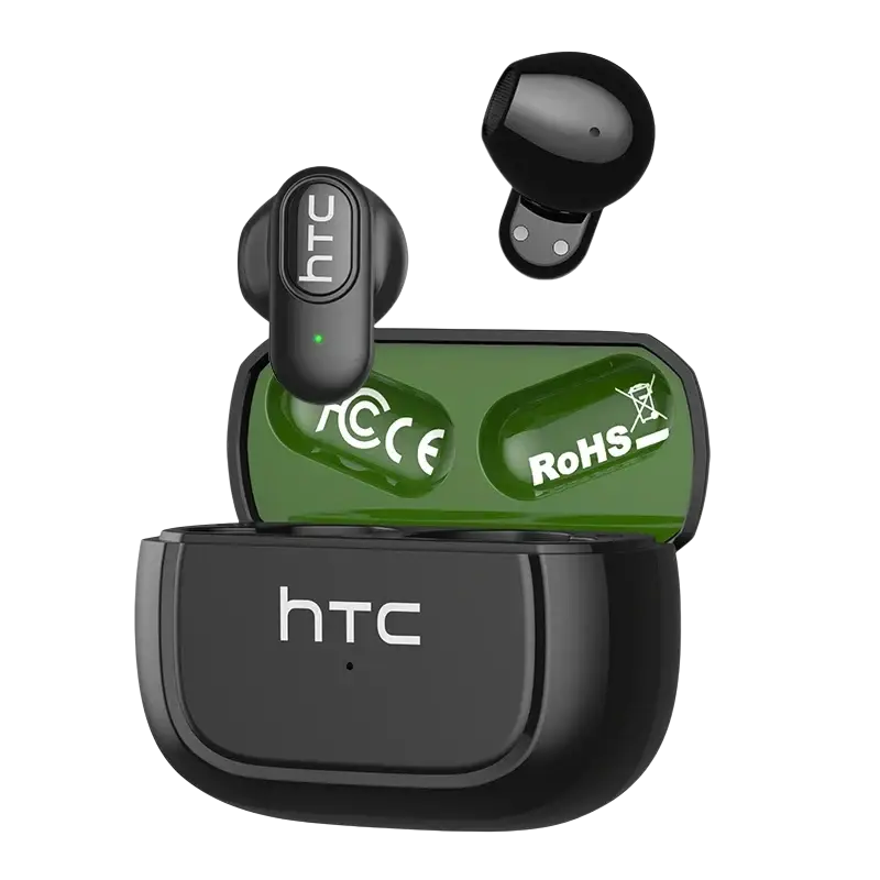 Black htc ne51 bluetooth earbuds with glossy finish in matching black charging case featuring green interior linings and white branding