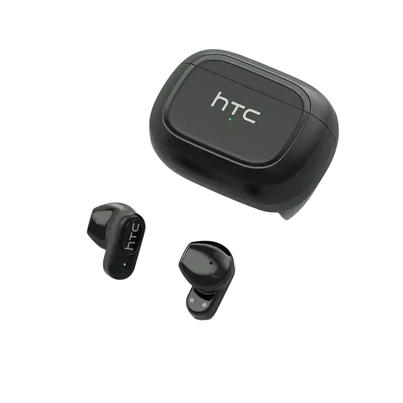 Black htc ne51 bluetooth earbuds with sleek glossy finish and matching wireless charging case with latest bluetooth version