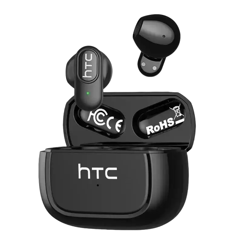 Black htc ne51 bluetooth earbuds with glossy finish shown in matching charging case for wireless use