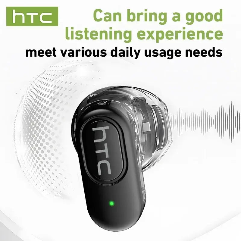 Black htc ne51 bluetooth wireless earbuds with transparent shell and green indicator light featuring latest bluetooth version