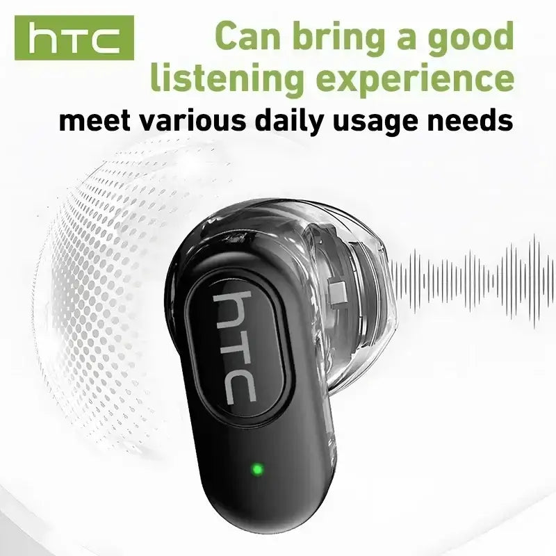 Black htc ne51 bluetooth wireless earbuds with transparent shell and green power indicator light for clear audio use
