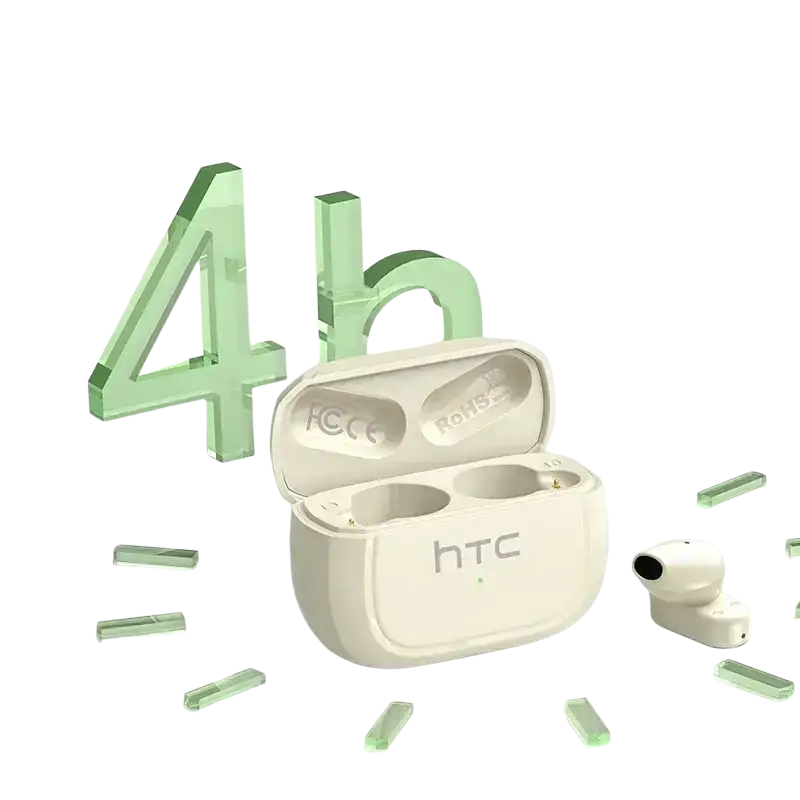 Cream-colored htc ne51 bluetooth earbuds wireless tws headphones with sleek minimalist design and matching charging case