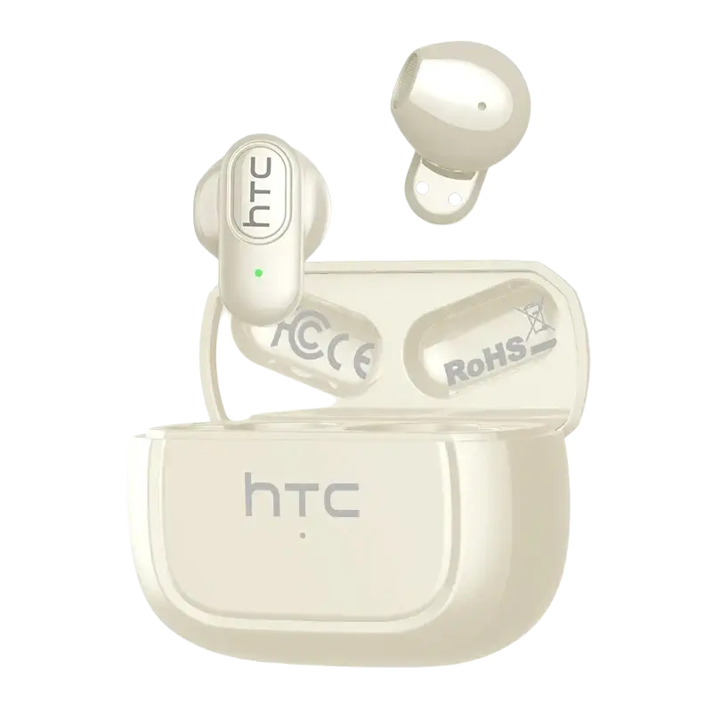 Cream-colored htc ne51 bluetooth true wireless earbuds with sleek glossy finish and matching charging case bluetooth version