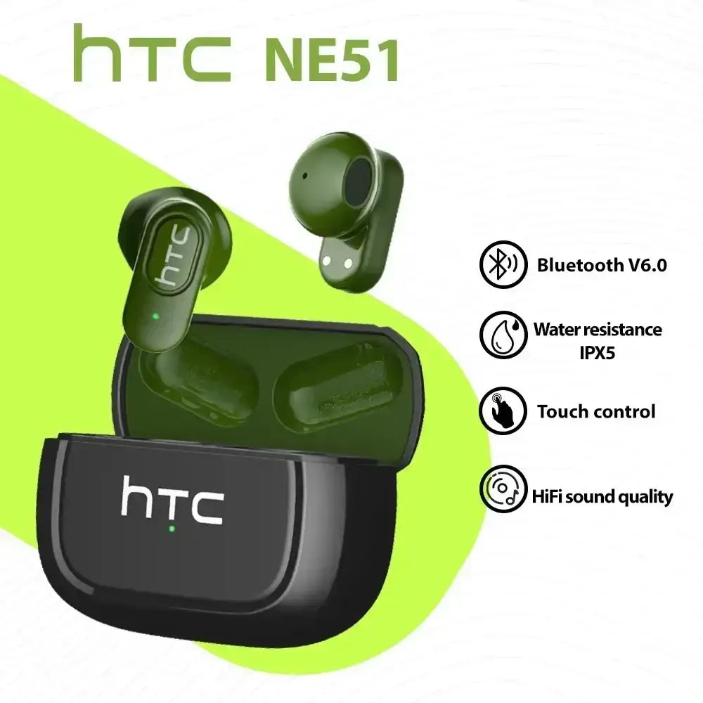 Olive green htc ne51 bluetooth earbuds in black charging case with white branding featuring bluetooth version tws headphones