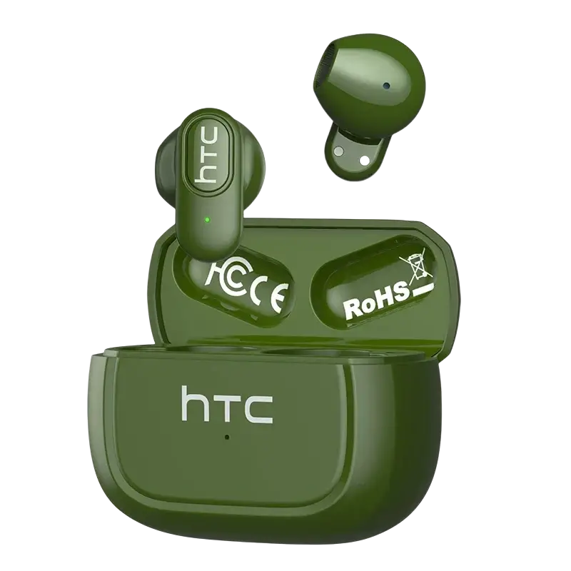 Olive green htc ne51 bluetooth earbuds wireless tws headphones with sleek glossy finish and matching charging case