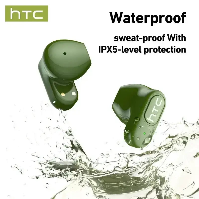 Olive green htc ne51 bluetooth earbuds with glossy finish and ipx5 waterproof design wireless tws headphones