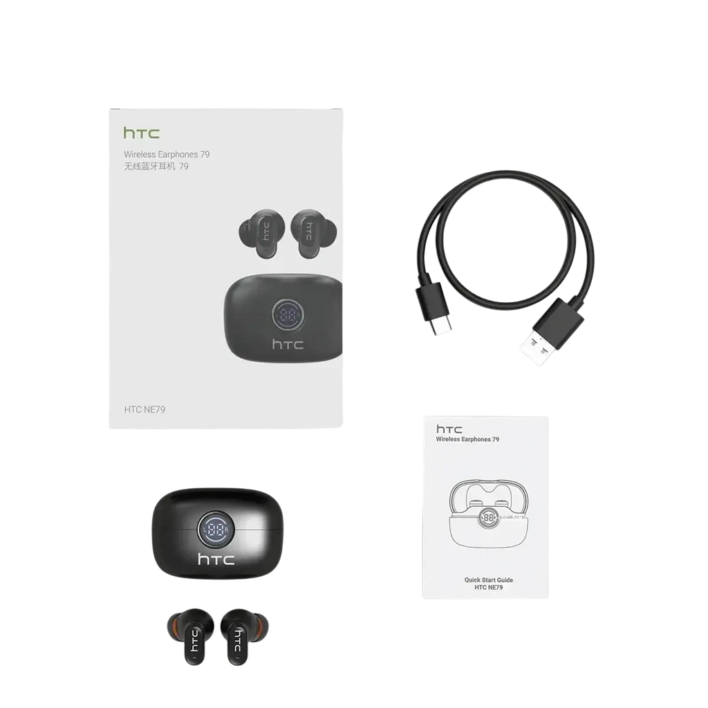 Black htc ne79 tws wireless earbuds with sleek glossy finish and matching charging case for hifi stereo sound