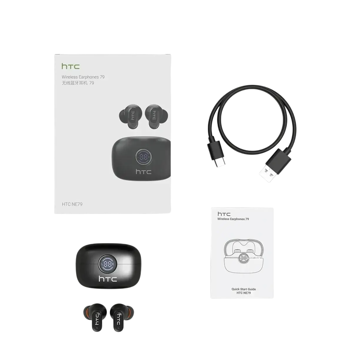 Black htc ne79 tws wireless earbuds with sleek glossy finish and matching charging case for hifi stereo sound