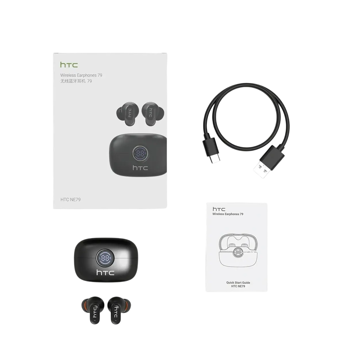 Black htc ne79 tws bluetooth earbuds with sleek glossy finish and orange accent rings for hifi stereo sound