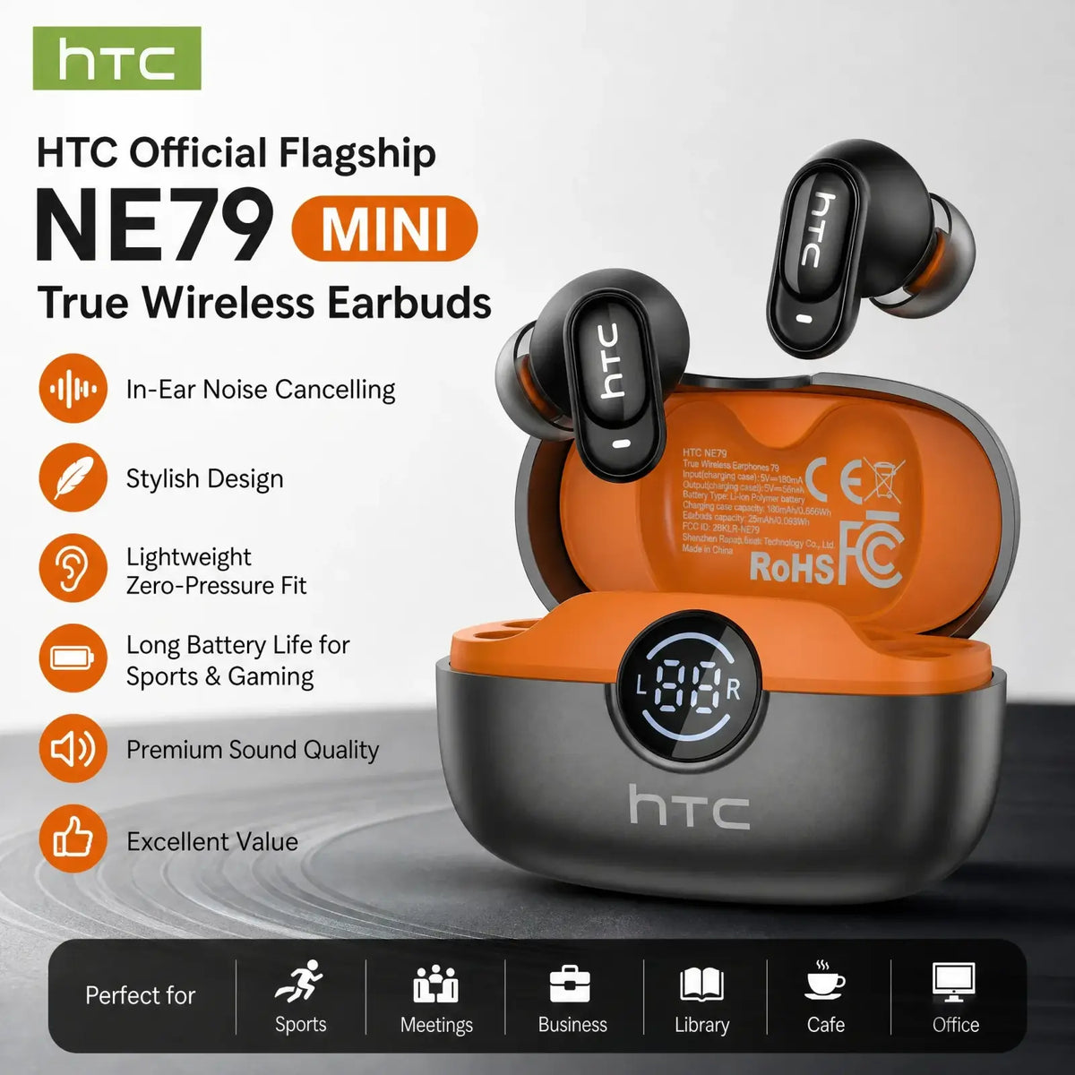 Black htc ne79 tws true wireless earbuds with hiFi stereo feature and orange gray charging case for immersive sound