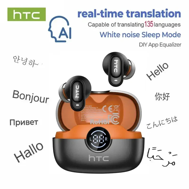 Black and orange htc ne79 tws bluetooth earbuds with hifi stereo sound in a sleek charging case