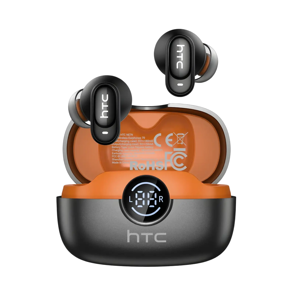 Black and orange htc ne79 tws bluetooth earbuds in charging case with hifi stereo sound for wireless use