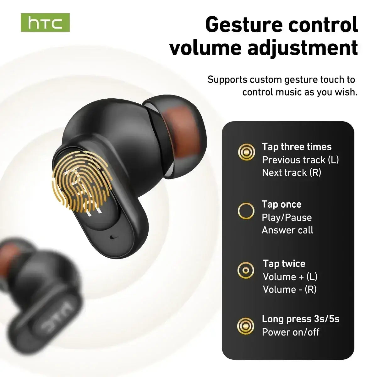 Black htc ne79 tws wireless earbuds with gold fingerprint sensor and brown silicone tips for hifi stereo sound