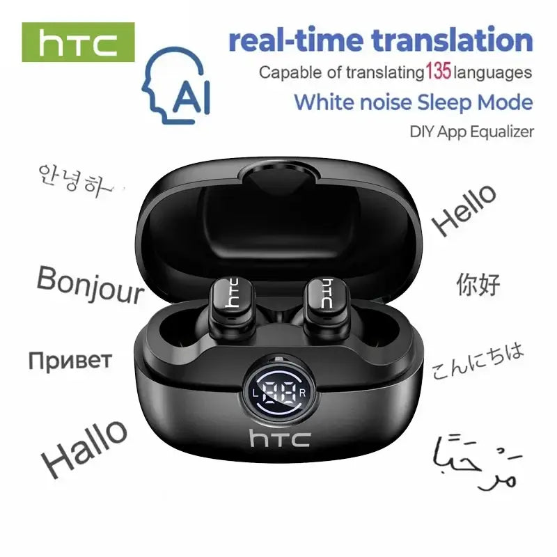 Black htc ne79 tws bluetooth earbuds in a glossy charging case with led indicators for hifi stereo sound quality