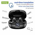 Black htc ne79 tws bluetooth earbuds in a glossy charging case with led indicators for hifi stereo sound quality