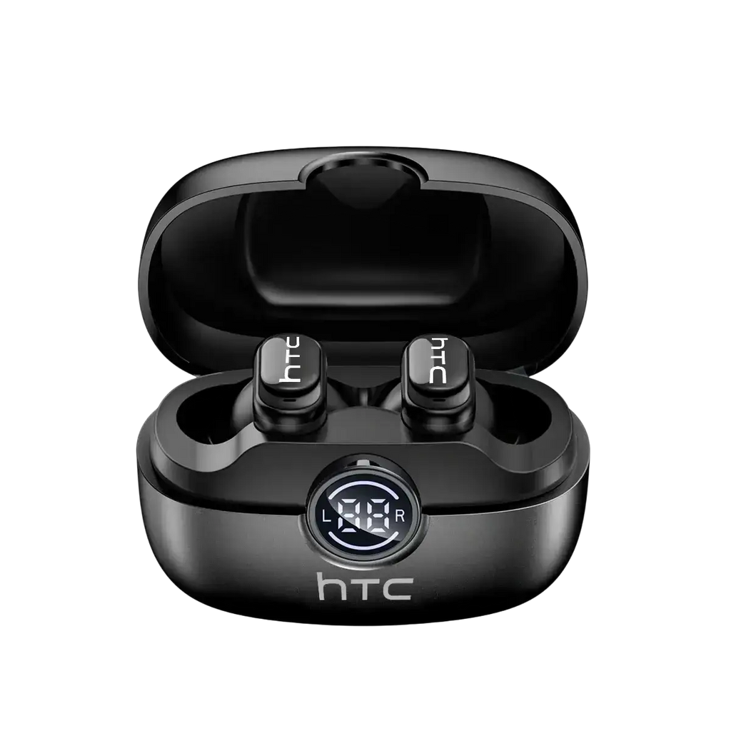 Black htc ne79 tws bluetooth earbuds in sleek charging case with digital display for hifi stereo sound