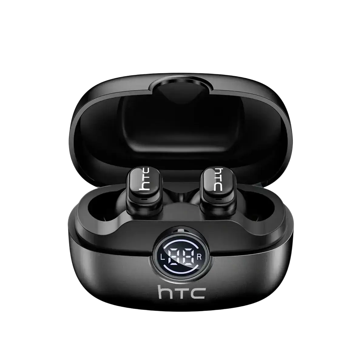 Black htc ne79 tws bluetooth earbuds in sleek charging case with digital display for hifi stereo sound