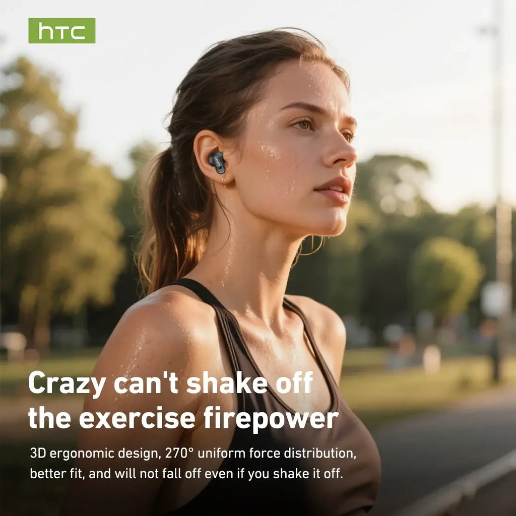 Black htc ne79 tws bluetooth earbuds with sleek ergonomic design and matte finish for hifi stereo sound