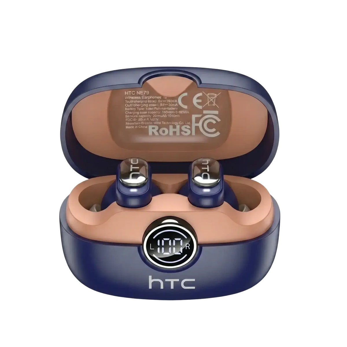 Blue htc ne79 tws wireless earbuds in navy charging case with beige interior and digital display hifi stereo audio