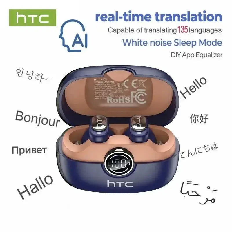 Blue htc ne79 tws wireless earbuds with hifi stereo in matching charging case with tan interior for bluetooth use
