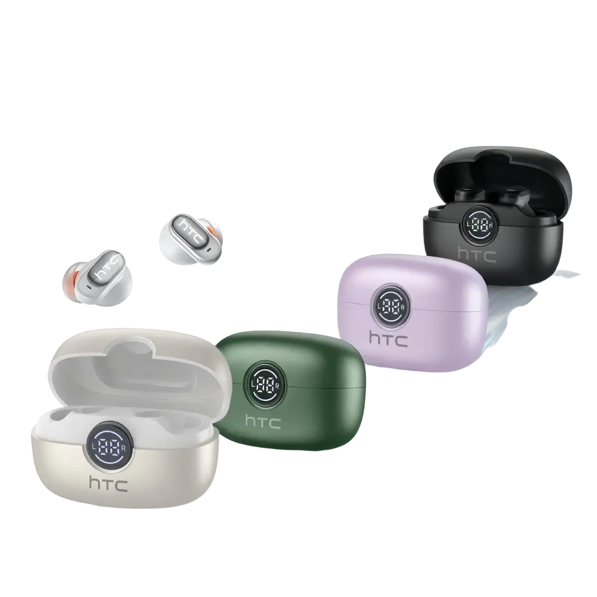 Htc ne79 tws bluetooth earbuds hifi stereo with silver black lavender and green cases featuring digital displays
