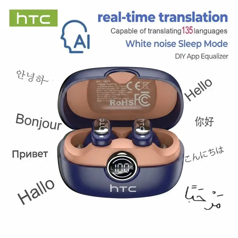 Navy blue htc ne79 tws bluetooth earbuds with beige interior charging case and circular led for hifi stereo sound