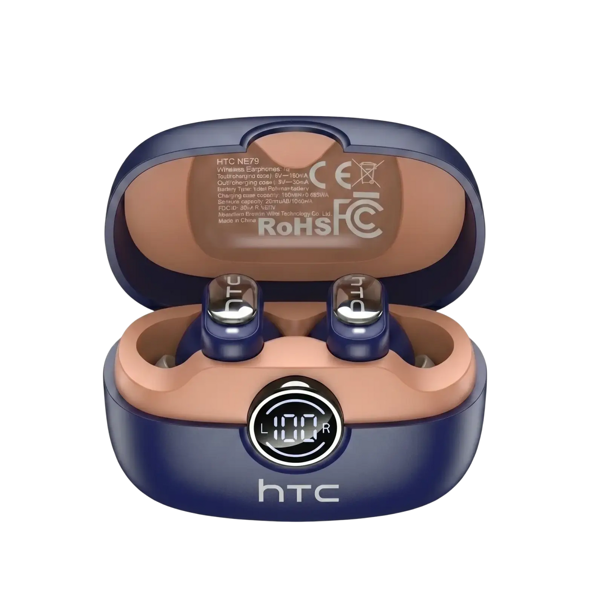 Navy blue htc ne79 tws bluetooth earbuds with hifi stereo sound in matching case with rose gold interior and digital display