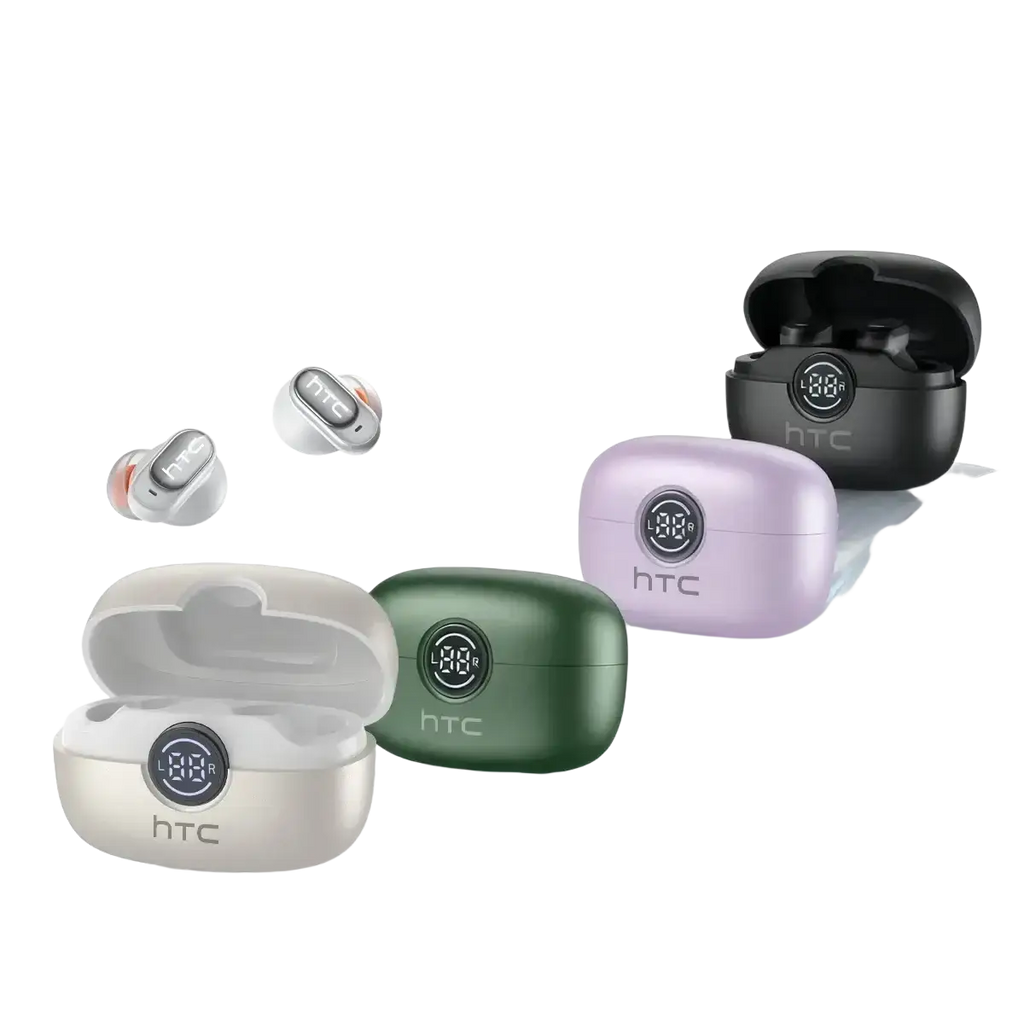 Htc ne79 tws bluetooth earbuds with hifi stereo in sleek matte charging cases available in white green lavender and black