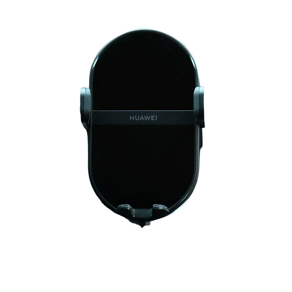 Black huawei 50w wireless car charger with sleek oval design and matte finish for secure phone mounting in vehicles