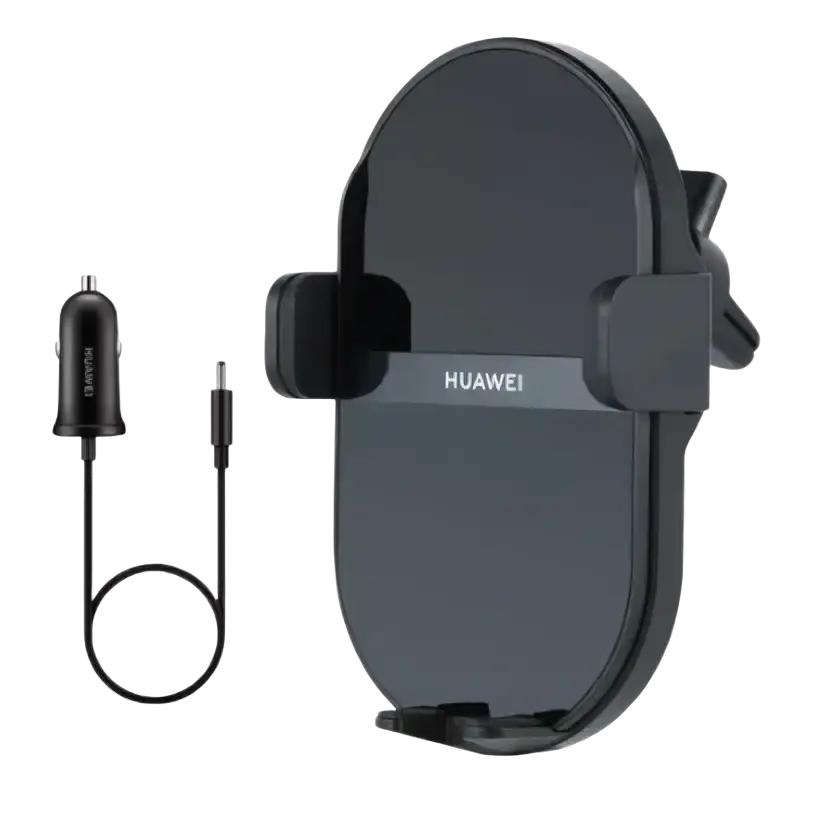 Black huawei 50w wireless car charger with sleek curved design and adjustable clamp for secure phone mounting