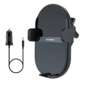 Black huawei 50w wireless car charger with sleek curved design and adjustable clamp for secure phone mounting