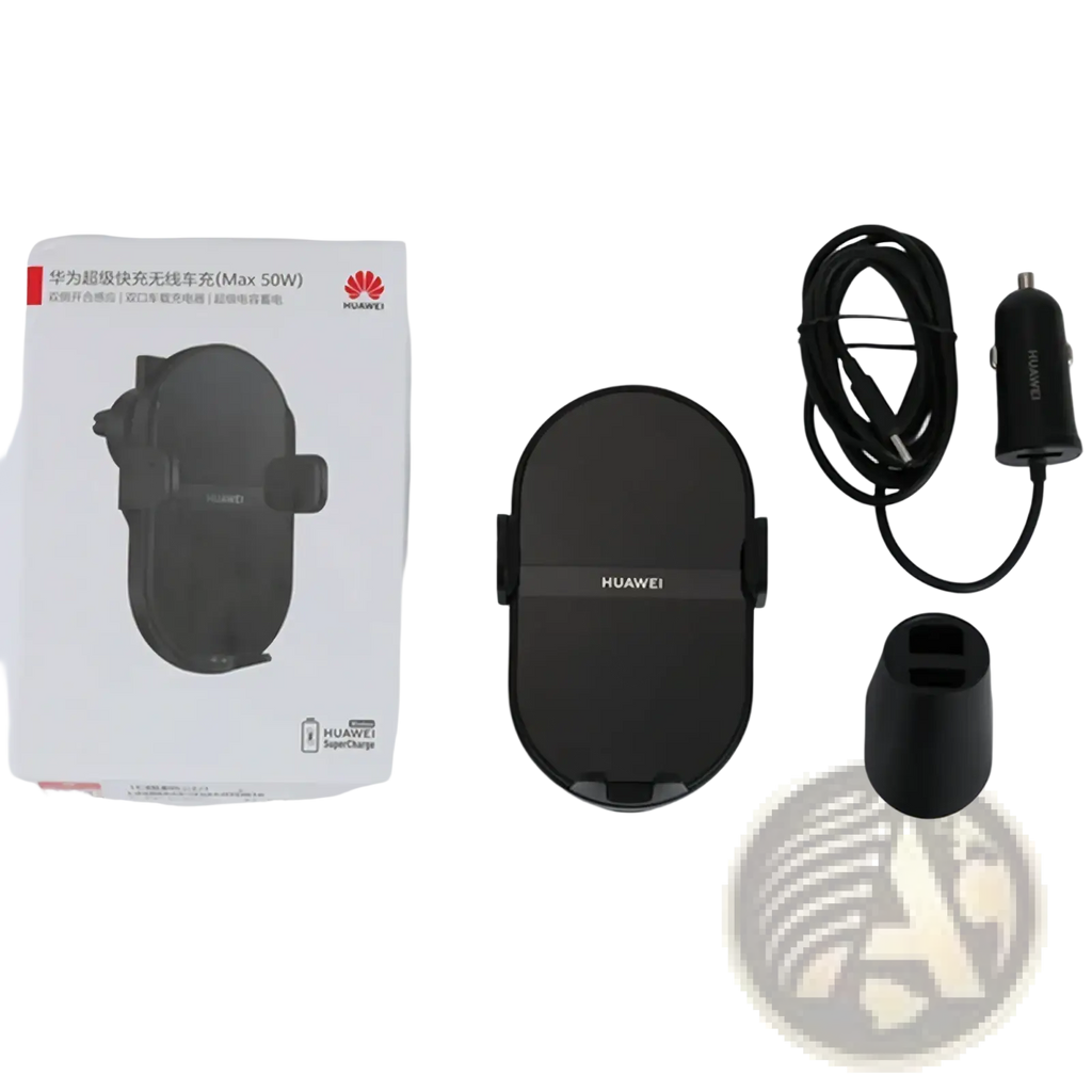 Black Huawei 50w wireless car charger with sleek oval design and matte finish for in-car use