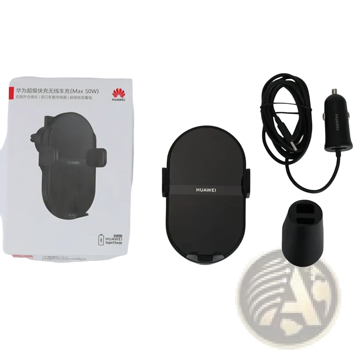 Black Huawei 50w wireless car charger with sleek oval design and matte finish for in-car use