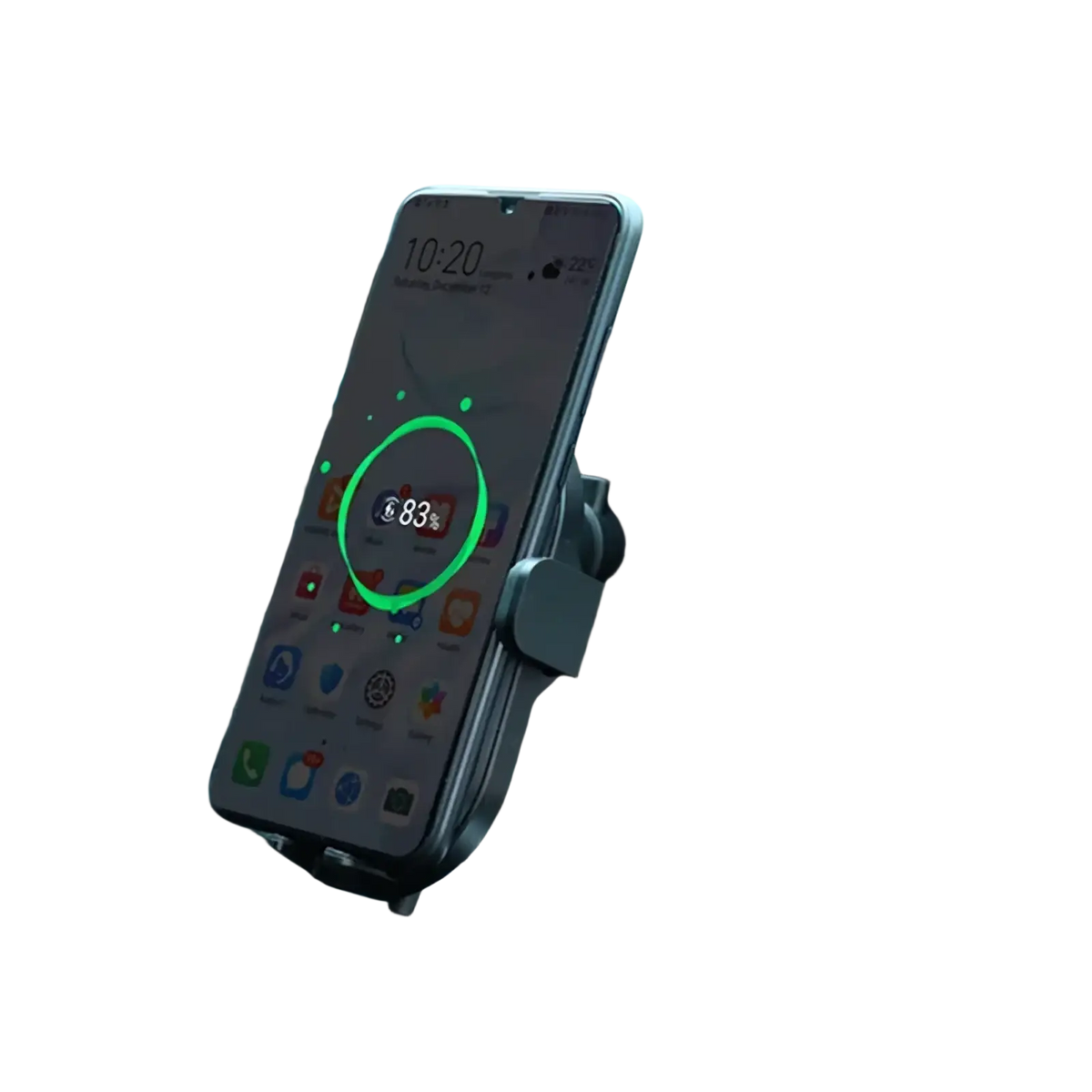Black huawei 50w wireless car charger mounted on a car air vent for convenient hands-free charging