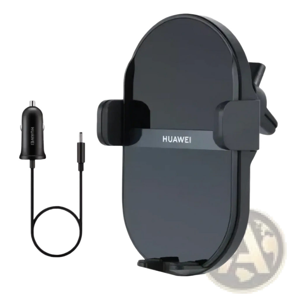 Black huawei 50w wireless car charger with sleek curved design and adjustable clamp for secure phone mounting