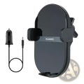Black huawei 50w wireless car charger with sleek curved design and adjustable clamp for secure phone mounting