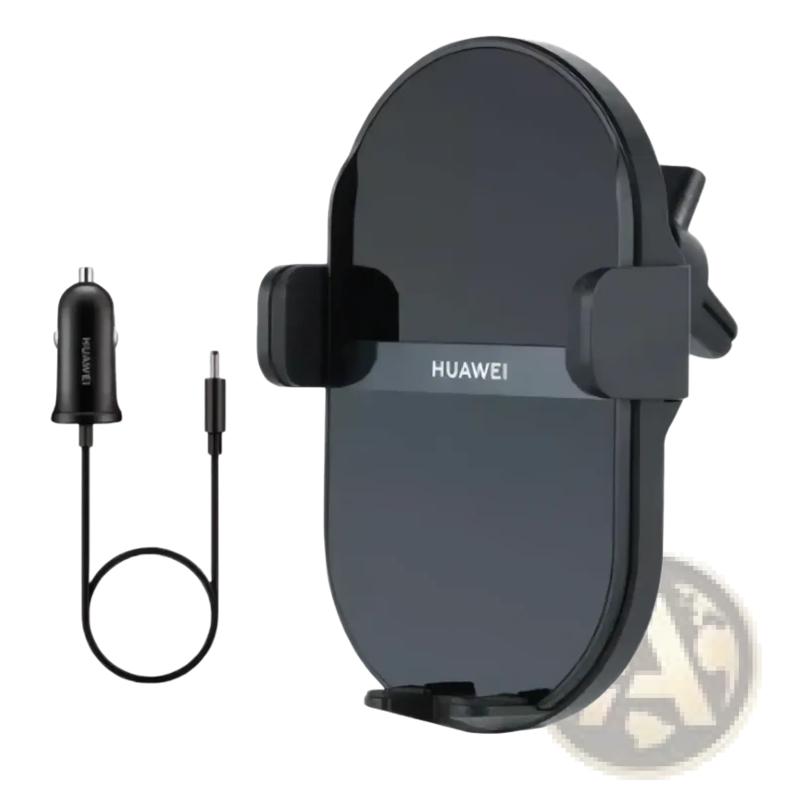 Black huawei 50w wireless car charger with sleek curved design and adjustable clamp for secure phone mounting