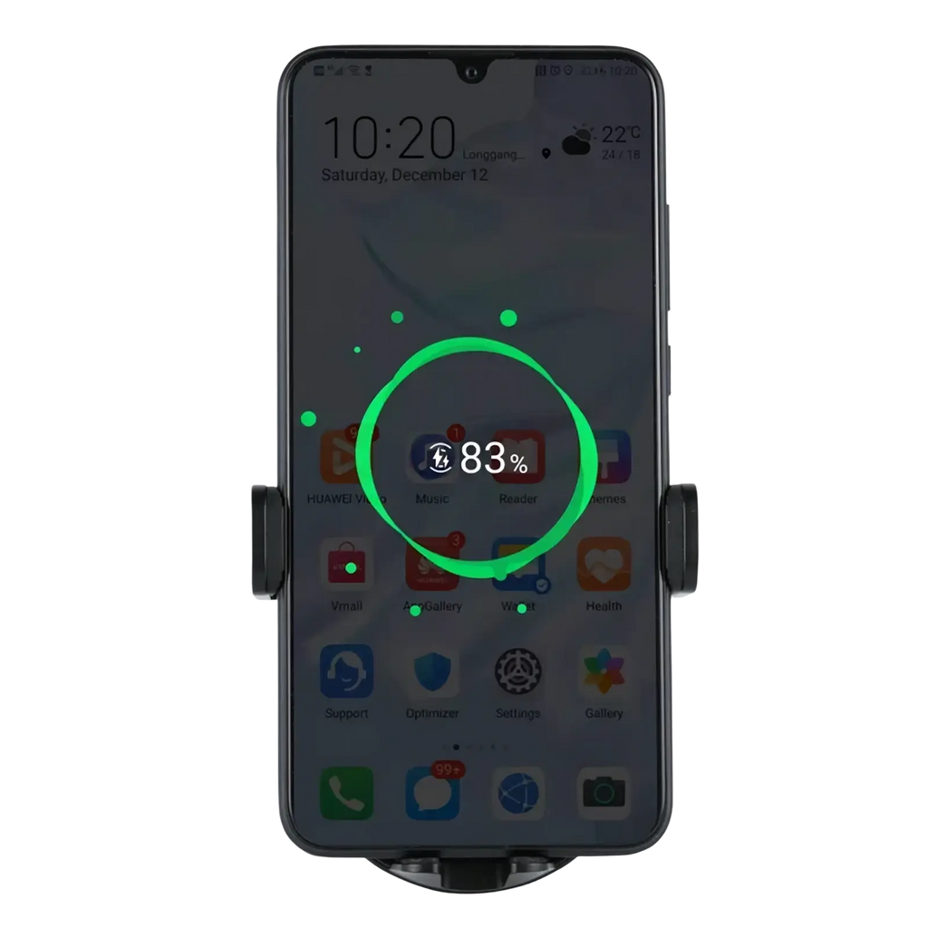 Black phone mount holding a smartphone displaying 83 percent battery on huawei 50w wireless car charger
