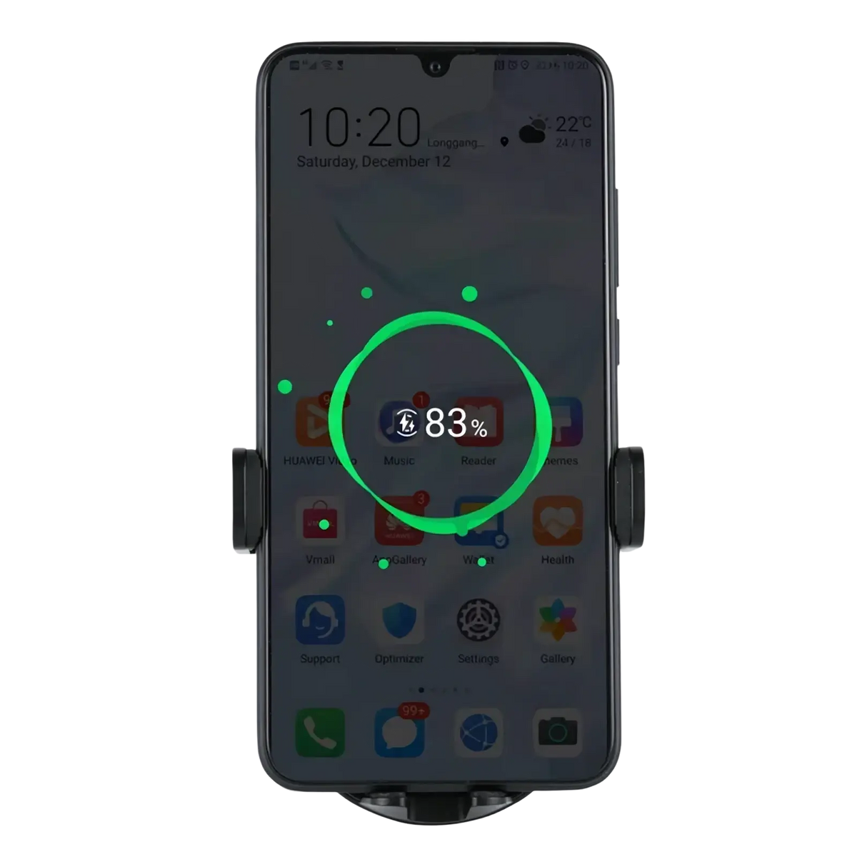 Black phone mount holding a smartphone displaying 83 percent battery on huawei 50w wireless car charger