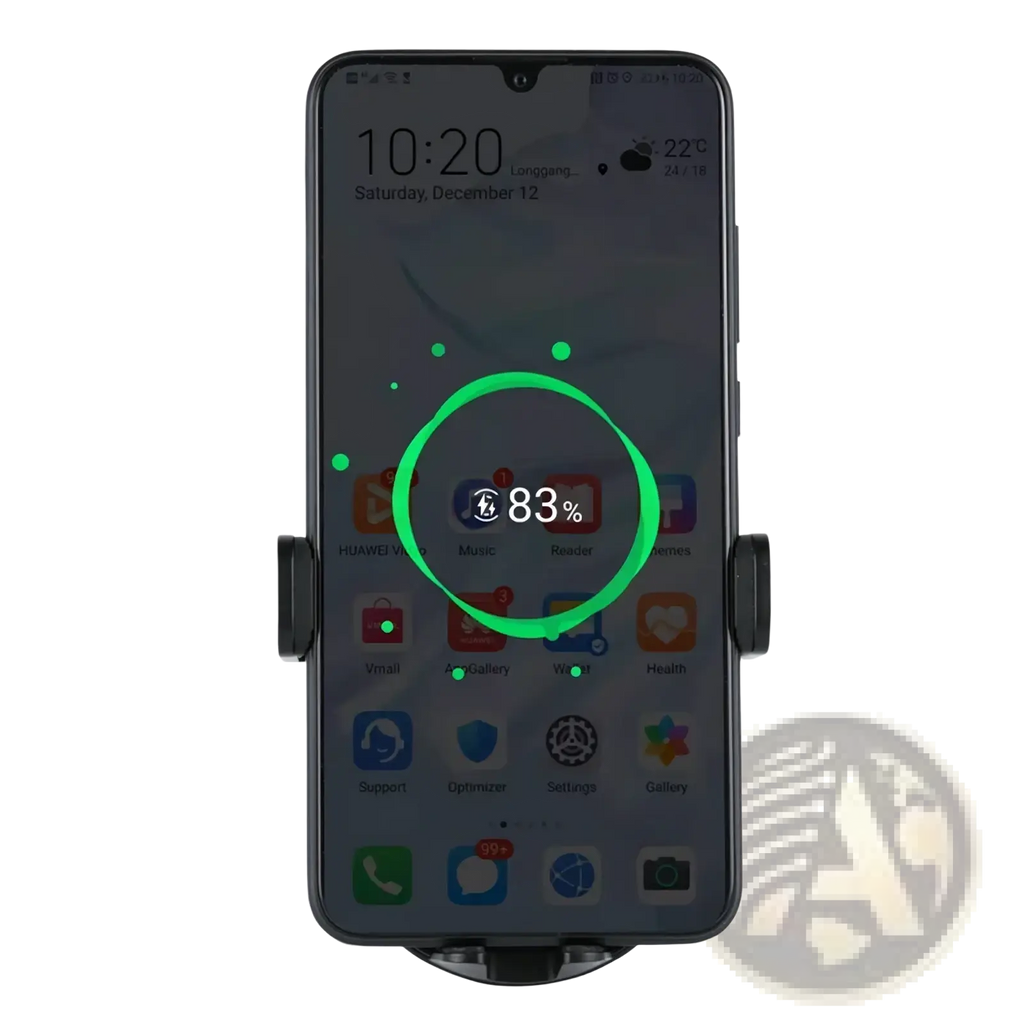 Black phone mount holding a smartphone displaying 83 percent battery on huawei 50w wireless car charger