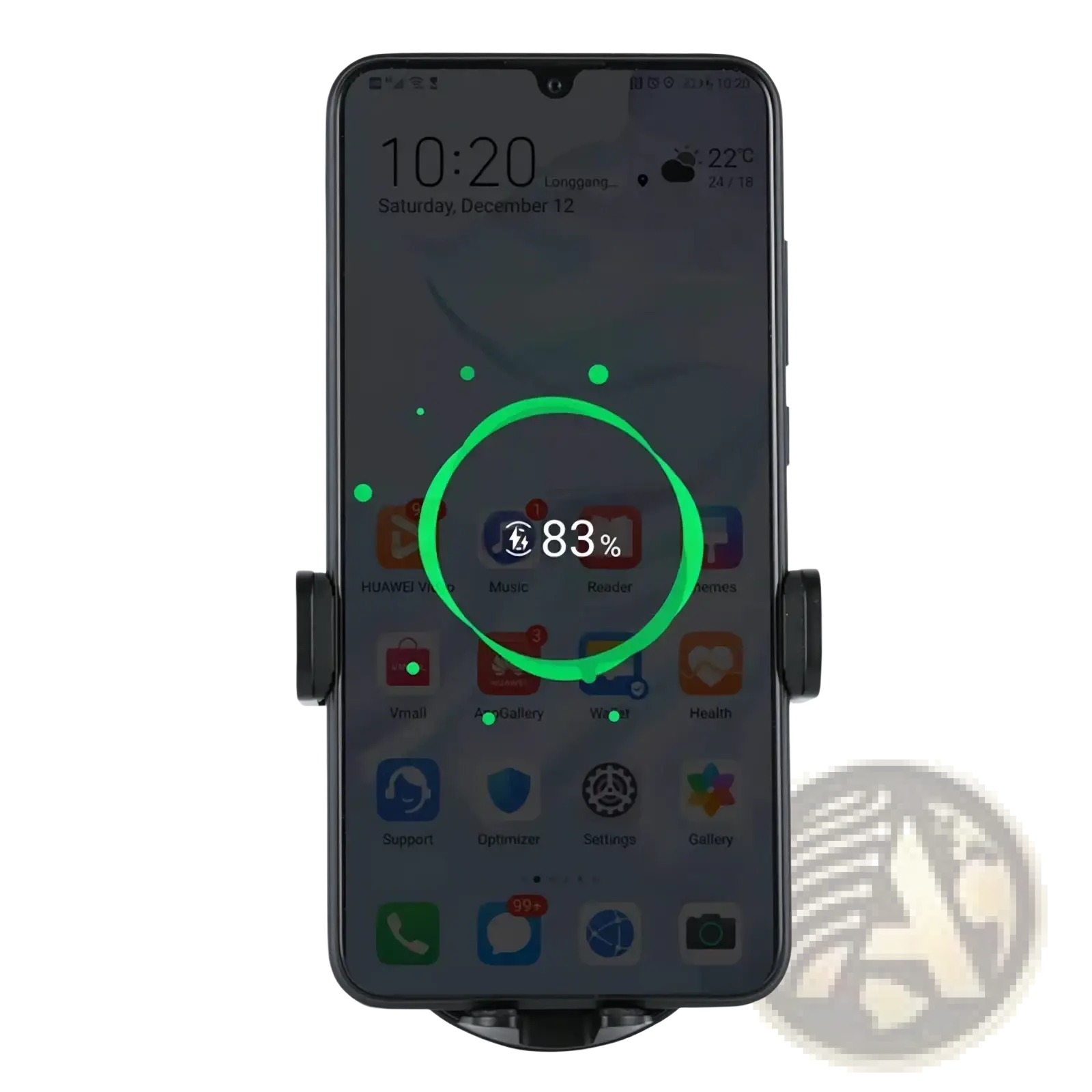 Black phone mount holding a smartphone displaying 83 percent battery on huawei 50w wireless car charger