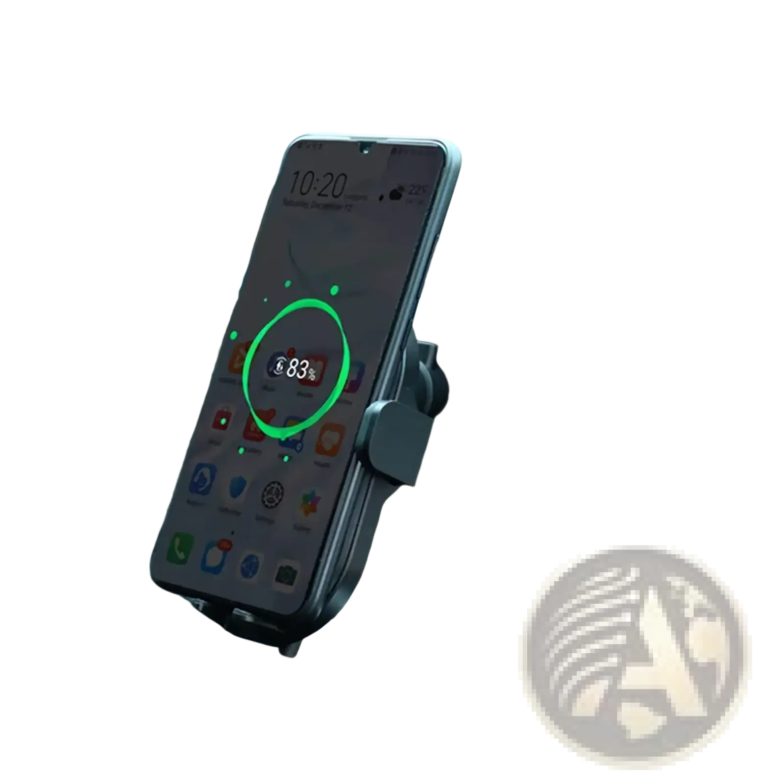 Black huawei 50w wireless car charger mounted on a car air vent for convenient hands-free charging