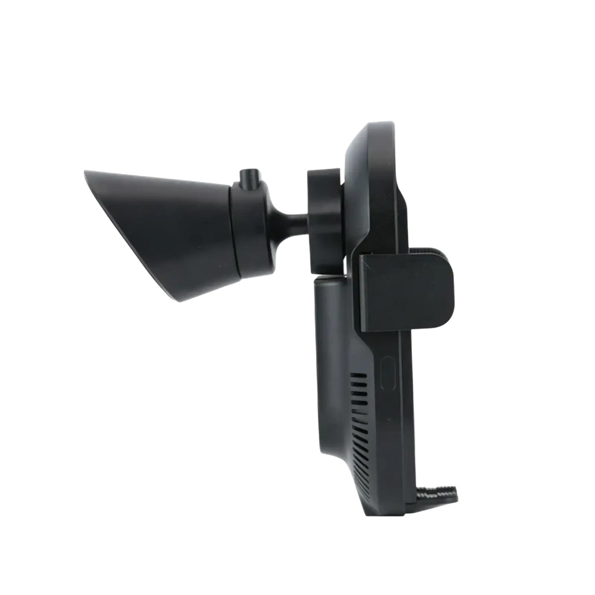 Black plastic huawei 50w wireless car charger phone mount with adjustable clamp and angled camera attachment visible